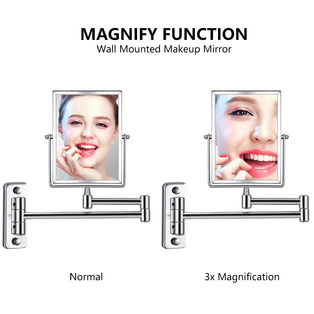 QiMH 3X Magnifying Wall Mounted Vanity Makeup Mirror | Rectangular 8x6 Inch with Extendable Arm | Polished Chrome Finish Double-Sided Swivel Mirror