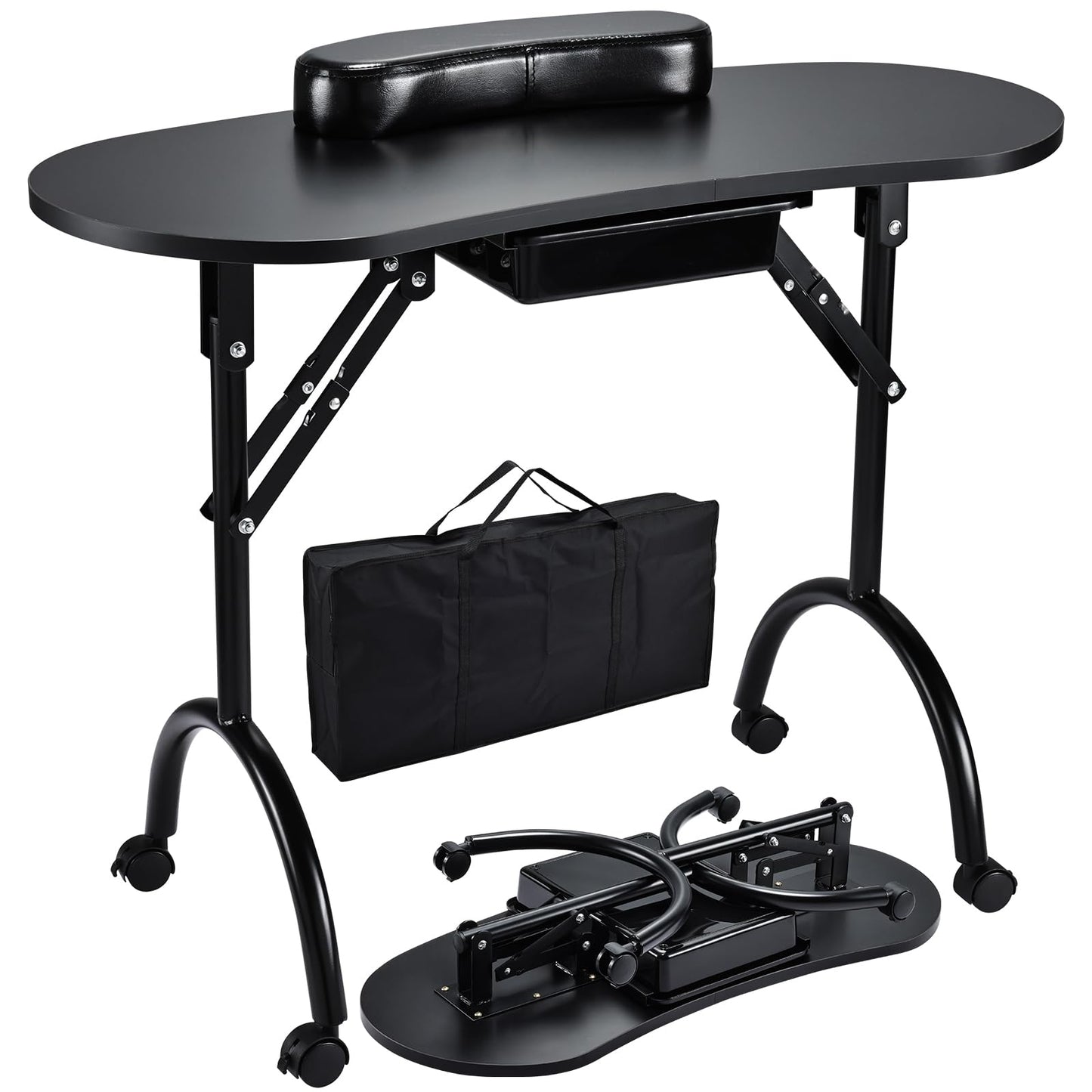 Joligrace Professional Foldable & Portable Manicure Table Nail Technician Desk Workstation with Rolling Wheels Large Drawer Client Wrist Pad Free Carrying Bag Travel Nail Tech Spa Beauty Table, Black