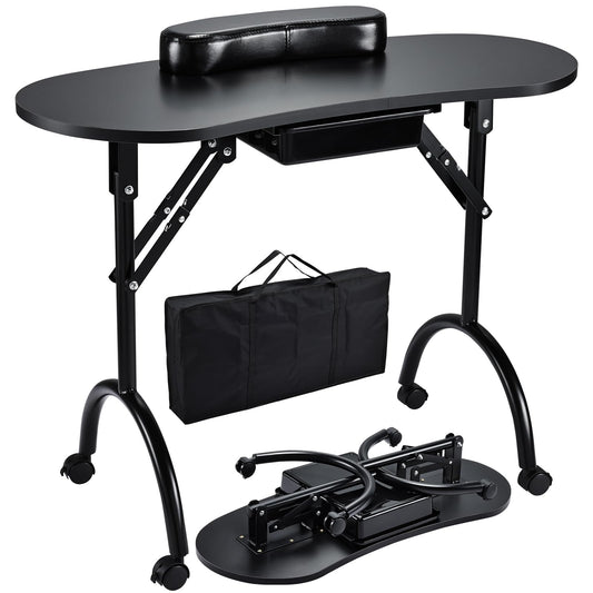 Joligrace Professional Foldable & Portable Manicure Table Nail Technician Desk Workstation with Rolling Wheels Large Drawer Client Wrist Pad Free Carrying Bag Travel Nail Tech Spa Beauty Table, Black