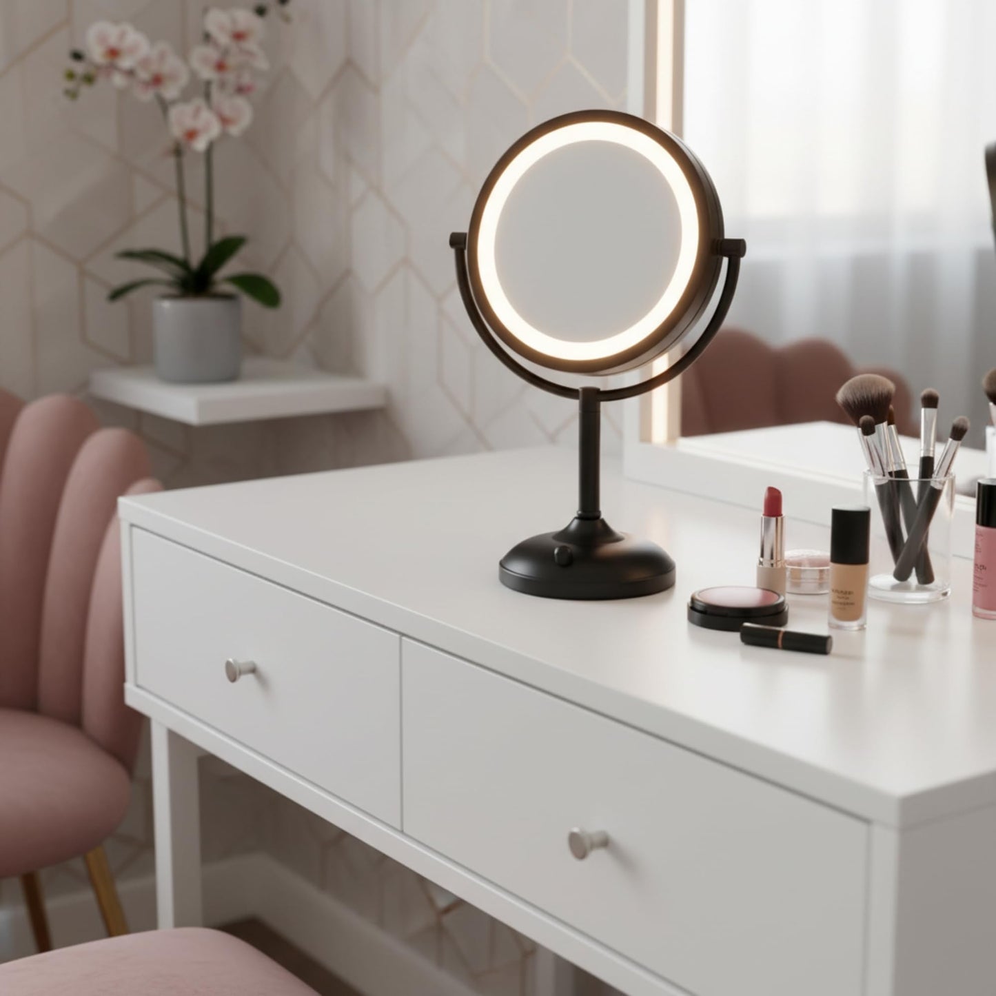 JERDON Lighted Tabletop Mirror with 10X/1X Magnification - Black Makeup Mirror with Multiple Light Settings - 8.5-Inch Diameter Vanity Mirror - Model JS8510BK