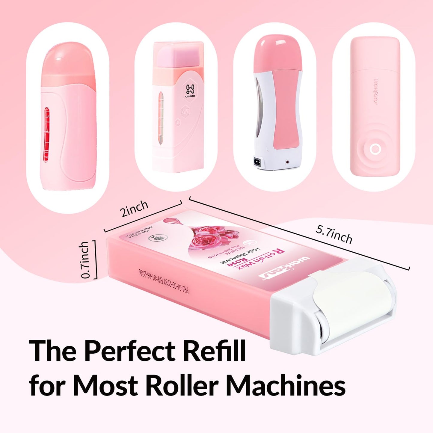 Waxfans Roll On Wax Refill,Waxing Roller Refill for Hair Removal,100% Natural,Quick Melting - For Coarse and Fine Hairs.with 3.53 Ounce(Pack of 4) Honey Wax Rollers, 50 Strips (Pink)