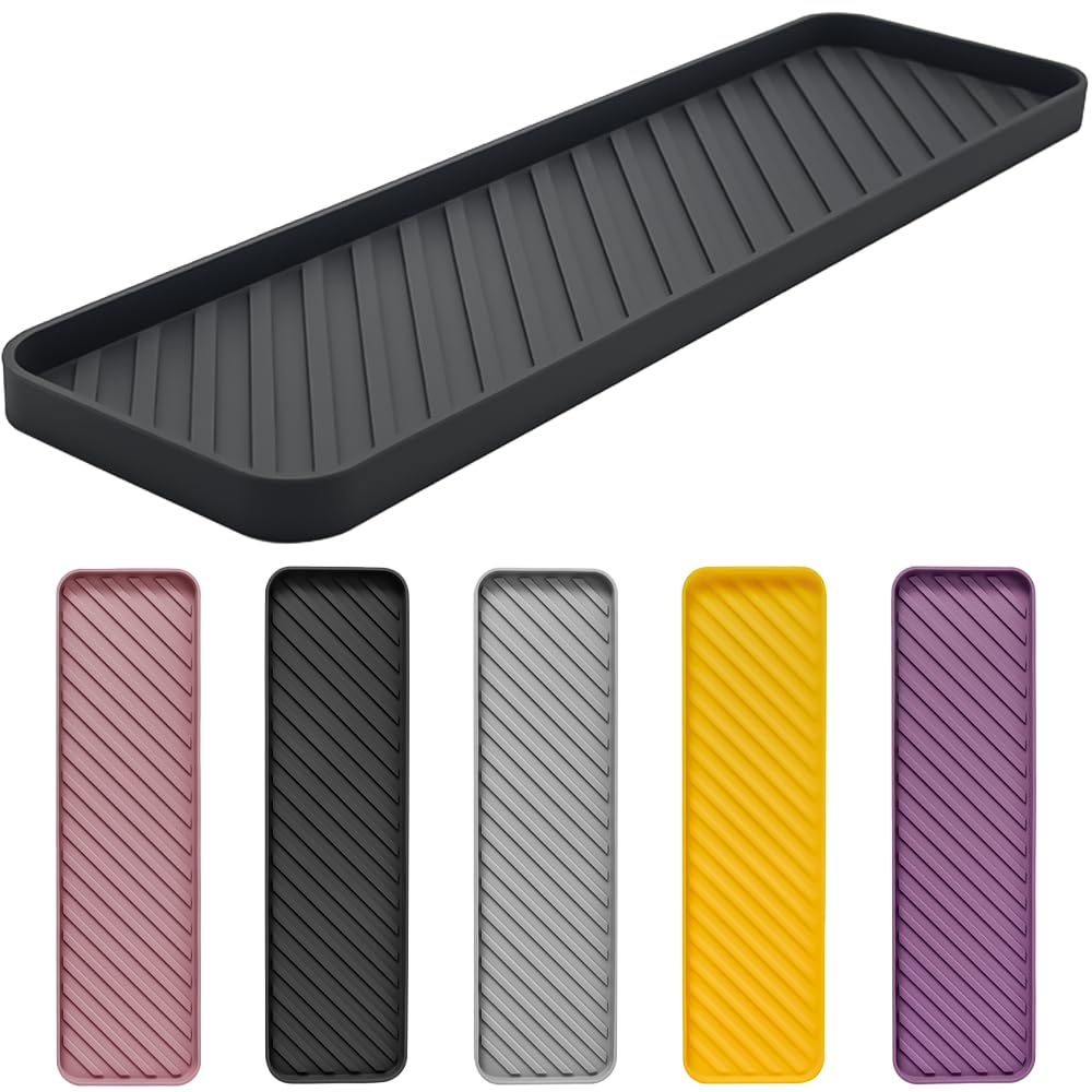 HvOvMvE Silicone Organizer Tray for Kitchen Sinks and Bathrooms. Dishwasher-Safe, Non-Slip Countertop Tray, Bathroom Drawer Organizer Trays. Perfect for Makeup & Trinkets (Dark Gray L 1PC)