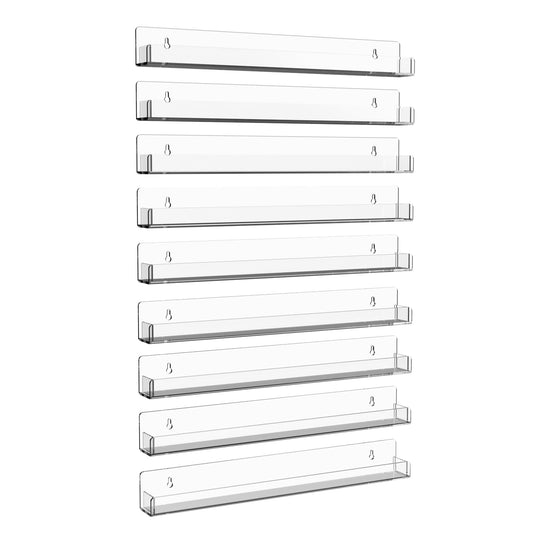 SOVQUEST Nail Polish Shelf Wall 15 Inch Acrylic Clear Rack Sunglass Organizer Multi-Purpose Floating Shelves for Beauty Salons Retailer Dressing Room (9 PCs)
