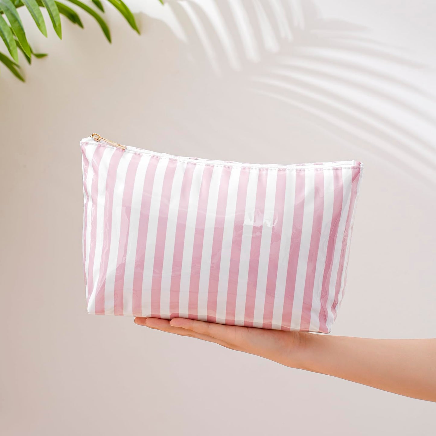 Lestikave Large PVC Waterproof Striped Makeup Bag,Clear Coated Cosmetic Bags,Easy to Clean,Travel Organizer Zipper Pouch Beach Vacation Essentials for Women Girls(04Pink Stripe)