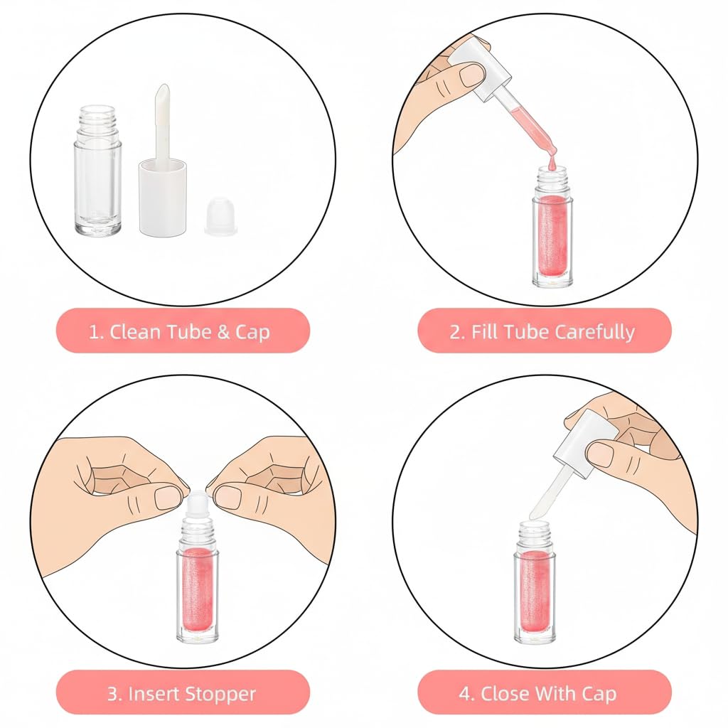 52 Pack Lip Gloss Tubes 1.3ml, Empty Lipgloss Containers with Wand and Rubber Insert, Clear Refillable Plastic Lip Balm Bottles for Travel, DIY Makeup, Lipstick Samples, Lip Gloss Making Kit