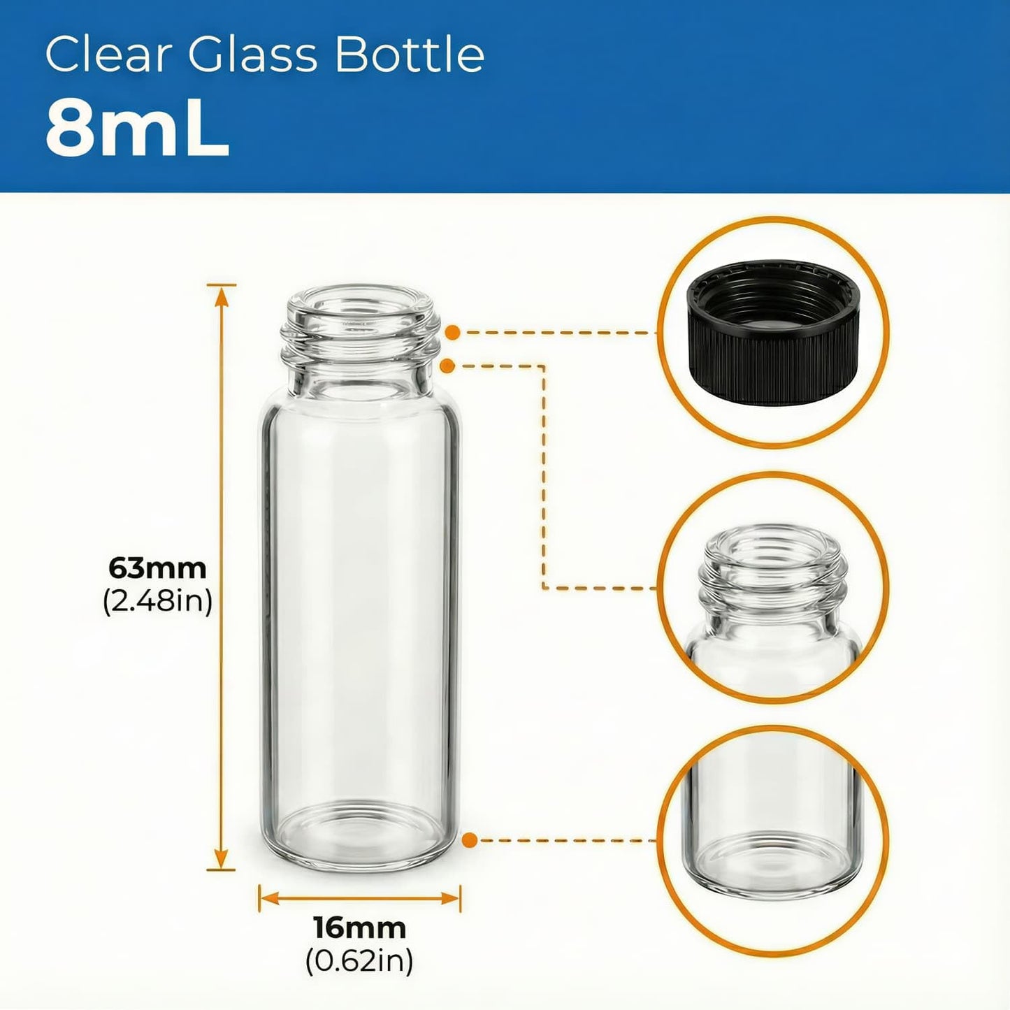 100Pcs 8ml 2 Dram Glass Vials with Screw Caps - Small Clear Sample Bottles for Essential Oils, Beads, and Crafts - Leak Proof Mini Storage Containers for Jewelry Findings, Spices, and Party Favors