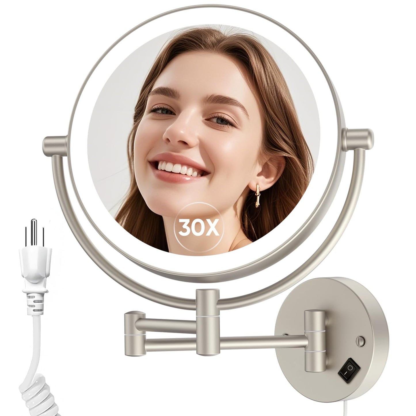 FUNTOUCH 1X/30X Wall Mounted Lighted Makeup Mirror,AC Plug in Powered Double Sided Magnifying Bathroom Mirror with Lights,3 Color Lights Mode,Touch Dimmable,Extended Arm 360 Rotation Light up Mirrors
