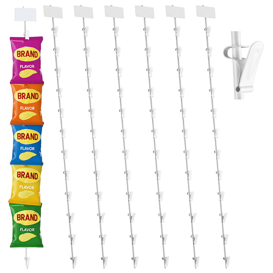 Tandefio 6 Pack Metal Merchandising Hanging Strips with Hooks,Potato Chip Rack Display Stand with Label Header and 12 Clips for Concession Home Theatre Pantry Organization (White)