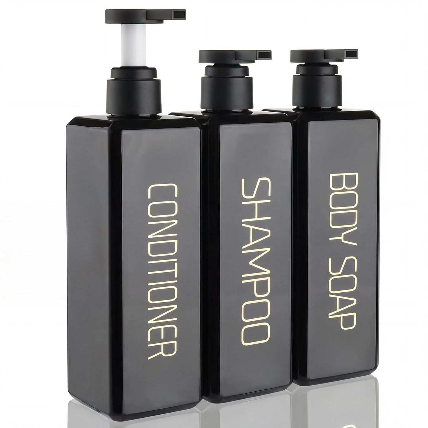 Shampoo and Conditioner Dispenser Shower Soap Bottles 3 Pack 550ml/18.6oz Refillable Shampoo Pump Bottle Dispenser Plastic Empty Body Wash Dispensers with Stylish Permanent Labels for Bathroom (Black)