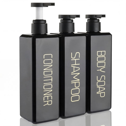 Shampoo and Conditioner Dispenser Shower Soap Bottles 3 Pack 550ml/18.6oz Refillable Shampoo Pump Bottle Dispenser Plastic Empty Body Wash Dispensers with Stylish Permanent Labels for Bathroom (Black)