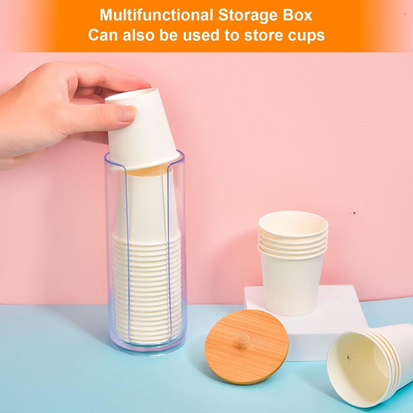 AIMIXUN 2 Pcs Cotton Round Holder, Cotton Pad Holder with Bamboo Lids, Makeup Storage Cotton Pad Dispenser Bathroom Canisters Bamboo Bathroom Storage Jars Storage Containers Clear Plastic