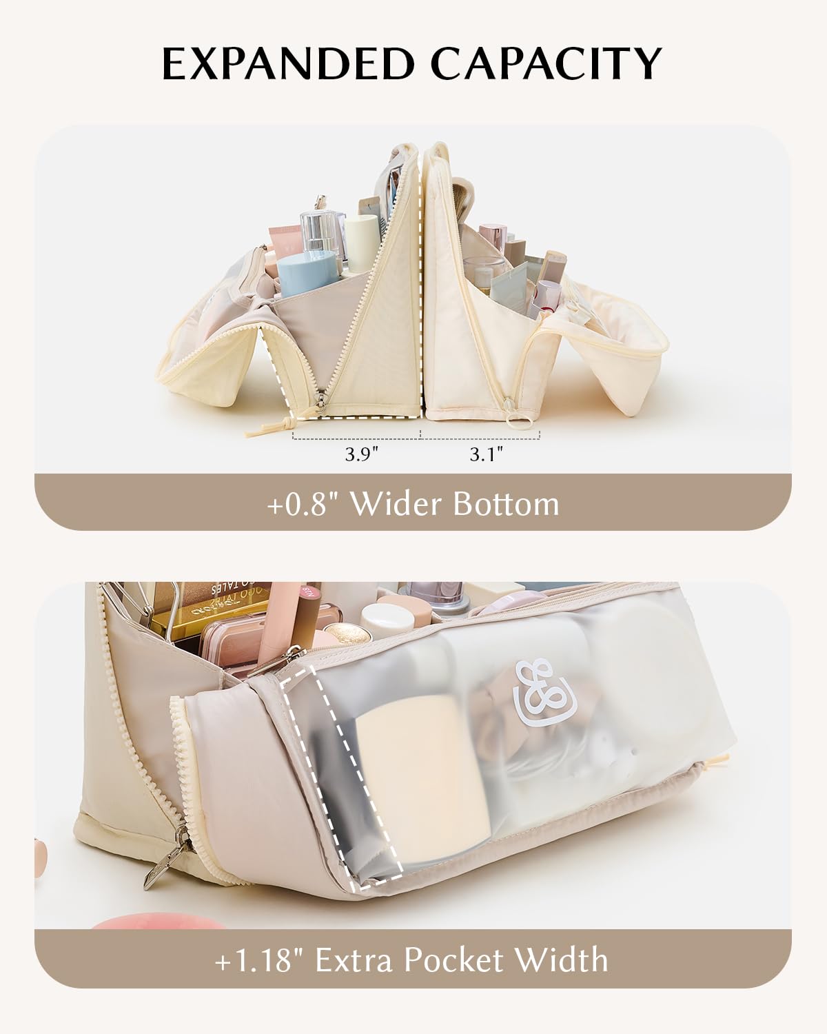 EACHY Standing Makeup Bag - Large Waterproof Cosmetic Bag & Toiletry Bag Organizer with Phone Holder, Detachable Dividers, Wipe-Clean Brush Pouch for Women