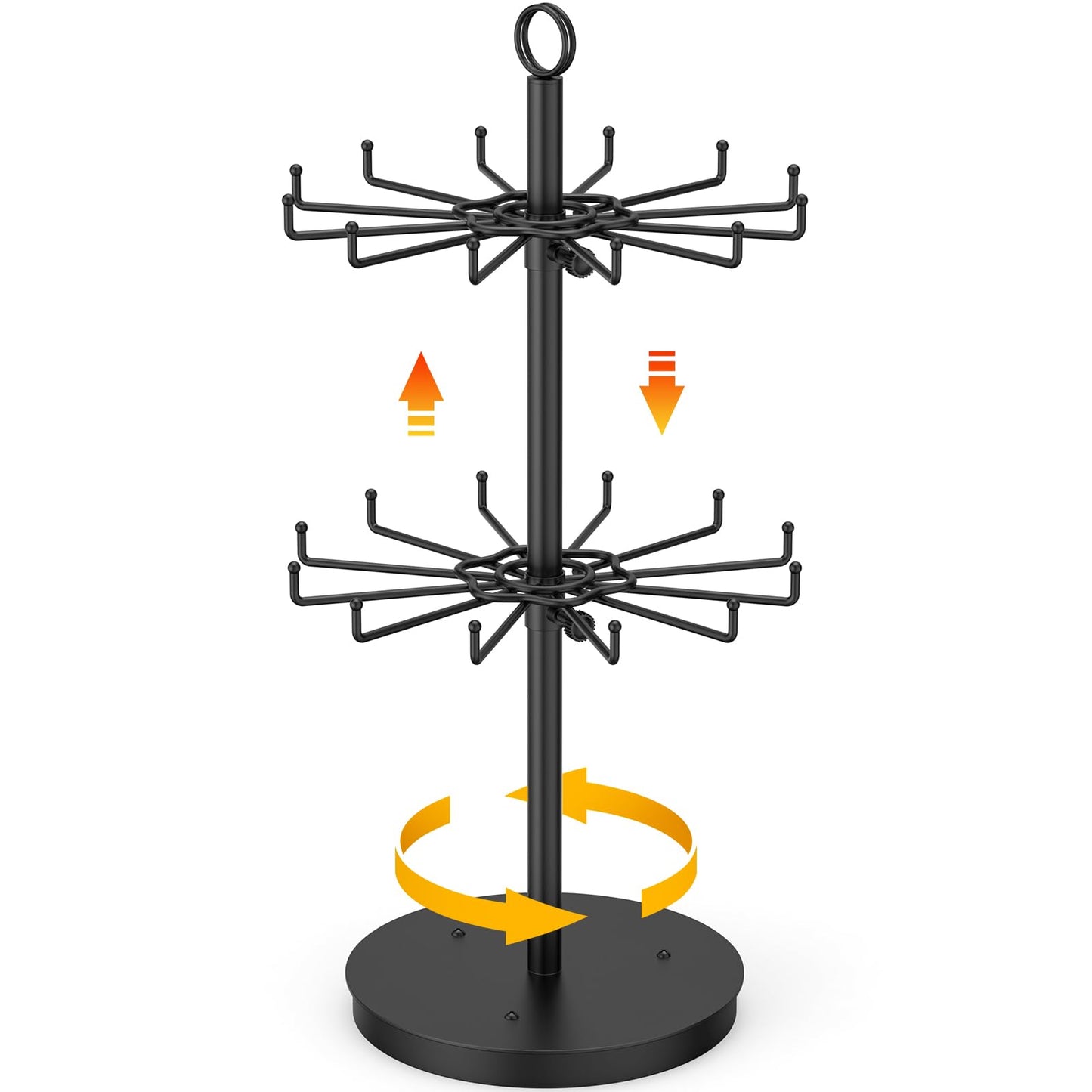 ORLESS 2 Tier Rotating Jewelry Display Stand, Keychain Display Stand with 24 Hooks, Black Metal Retail Display Spinning Holder for Vendor, Spinning Display Rack for Necklace Bracelet Earring Organizer
