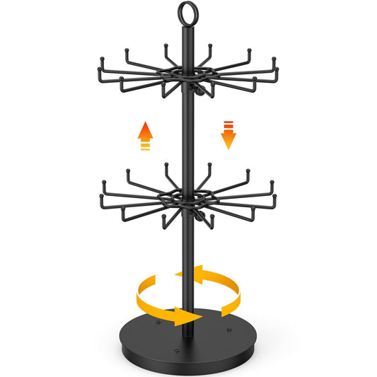 ORLESS 2 Tier Rotating Jewelry Display Stand, Keychain Display Stand with 24 Hooks, Black Metal Retail Display Spinning Holder for Vendor, Spinning Display Rack for Necklace Bracelet Earring Organizer