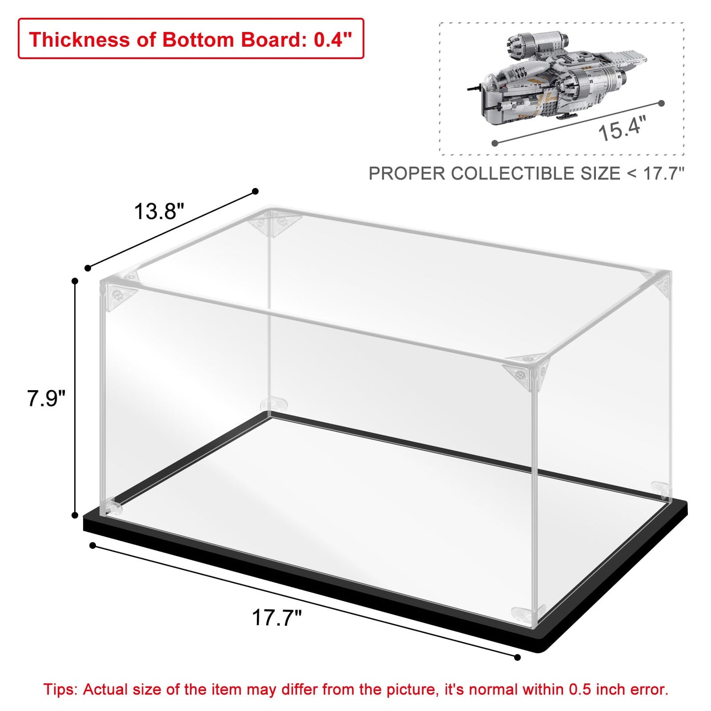 Instnovny Acrylic Display Case for Collectibles - Assemble Display Box for Lego 75292 Model Toys - Clear Case for Display Football Trophy Figures - Showcase (Black, 17.7x13.8x7.9 inch)