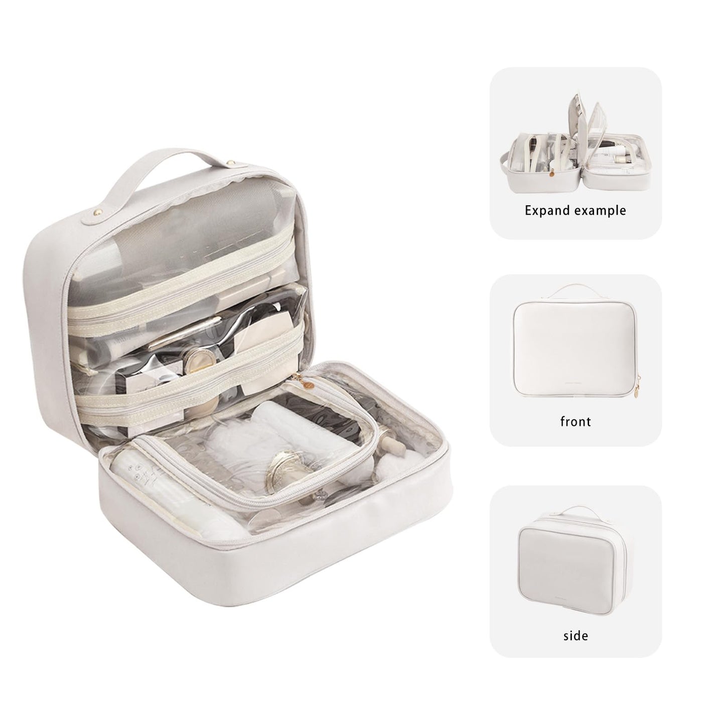 RIGHT AWAY Travel Toiletry Bag for Women,Large Makeup Bag& Cases,Waterproof Cosmetic Organizer Bag with Compartments,Portable Make Up Bag for Travel Size Toiletries,Skincare,Brushes Set,White