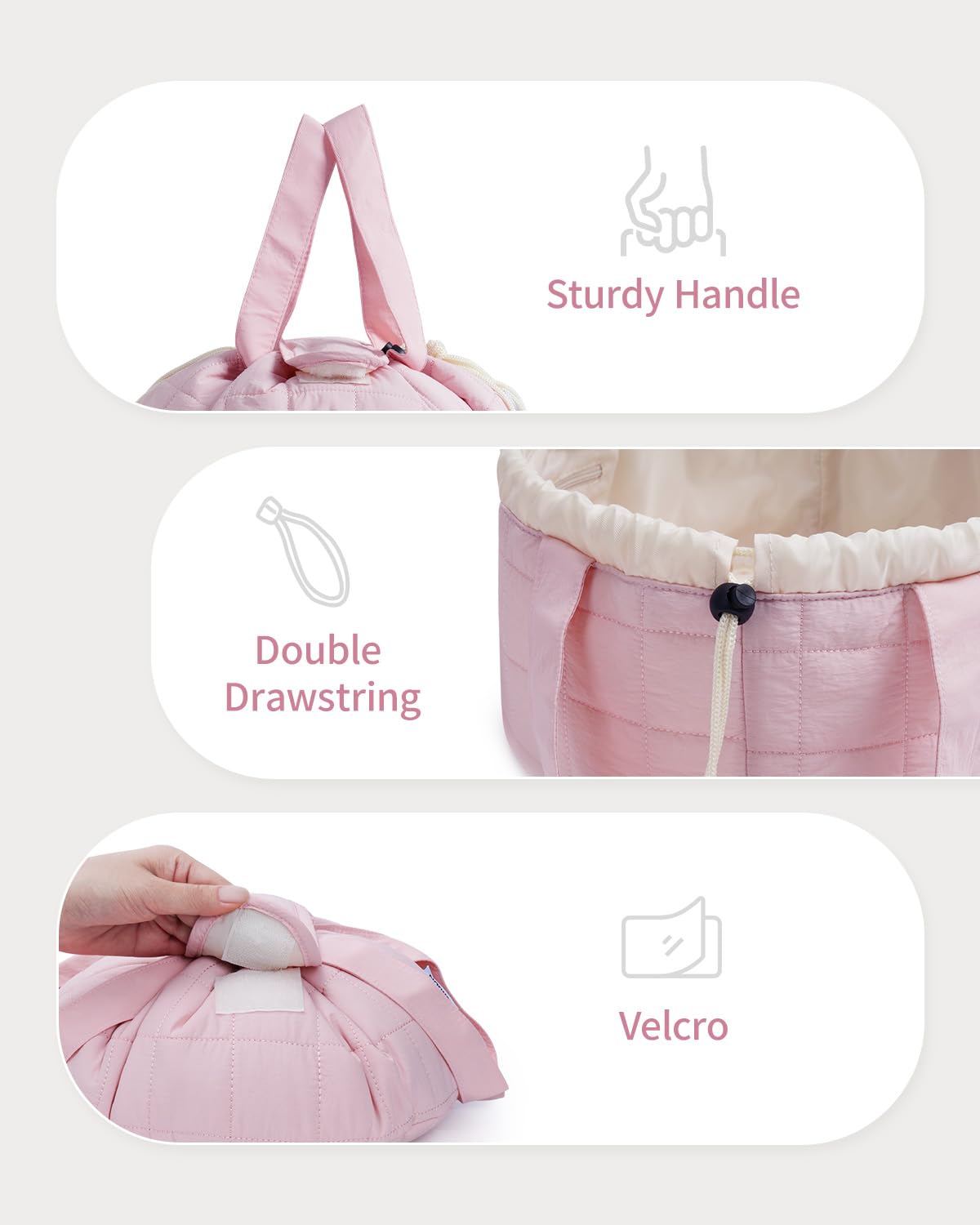 Narwey Lay Flat Open Drawstring Puffer Makeup Bag, Large Quilted Cosmetic Bag for Women Girls, Cute Make up Bags with Handle, Travel Toiletry Bag for Skincare, Brushes & Travel Essentials (Pink)