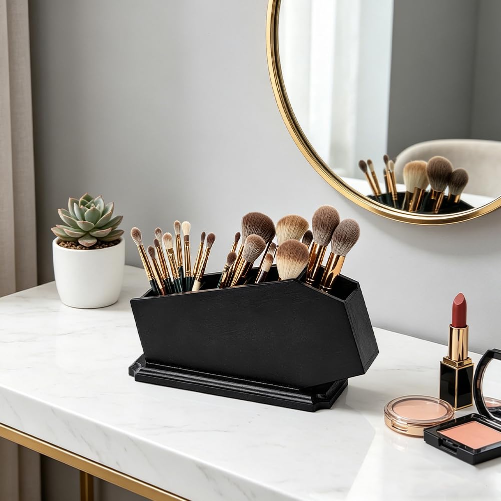 PH PandaHall Black Wood Coffin Brush Holder Vanity Makeup Organizer Pen Holder Desk Supplies Gothic Decor Witchy Accessories for Bathroom Bedroom Living Room Spooky Home Decor Gift 12.8x3.9x1.7 inch