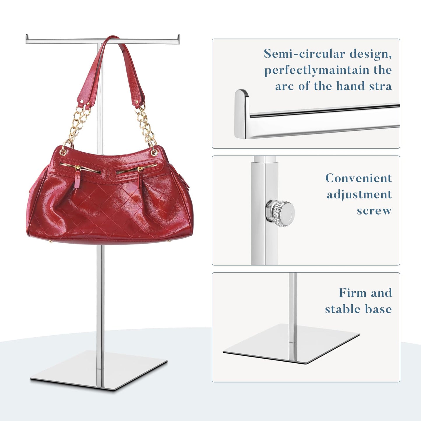 Leinuosen 4 Pcs Tabletop Purse Display Stand Metal T Bar Handbag Display Stand Holder Adjustable Height Double Hook Hanging Jewelry Stands for Home Store Boutique Counter(Silver)