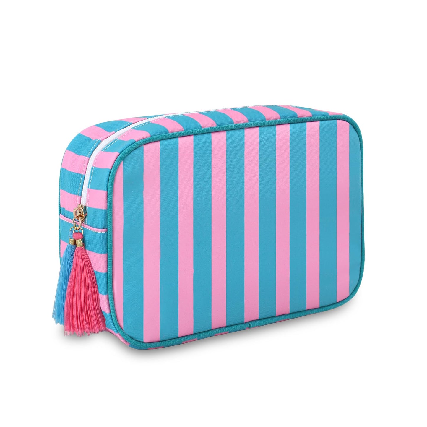 EMBRUNIOICE Stripe Makeup Bag Travel Cosmetic Bag Organizer Tassel Toiletry Bag Large Canvas Zipper Pouch and Accessories Storage Bag for Women (Pink with Green)