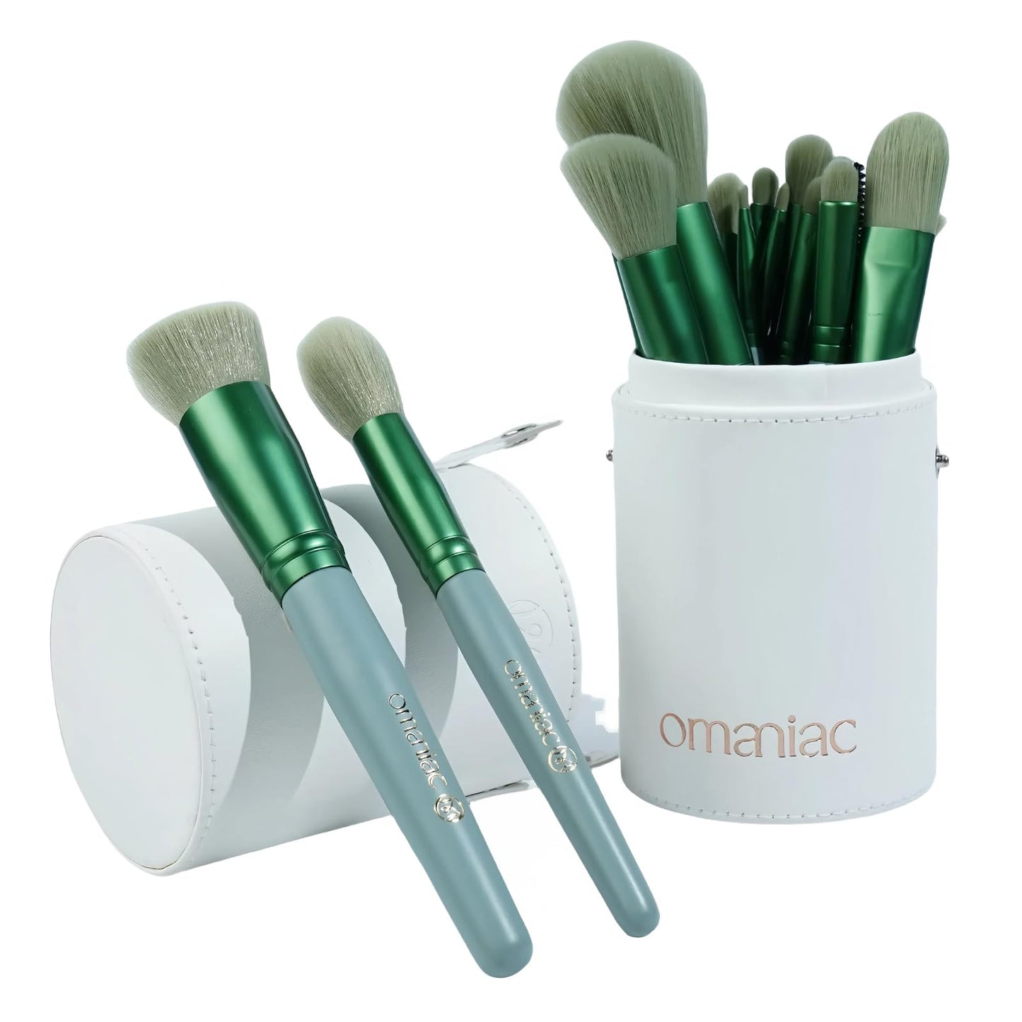 OMANIAC Makeup Brush Set Professional, 20Pcs Pearlescent Wood Handle Makeup Brushes, Premium Cruelty-Free Synthetic Fiber Hair, Travel Make up Brushes Set with Case (Green)