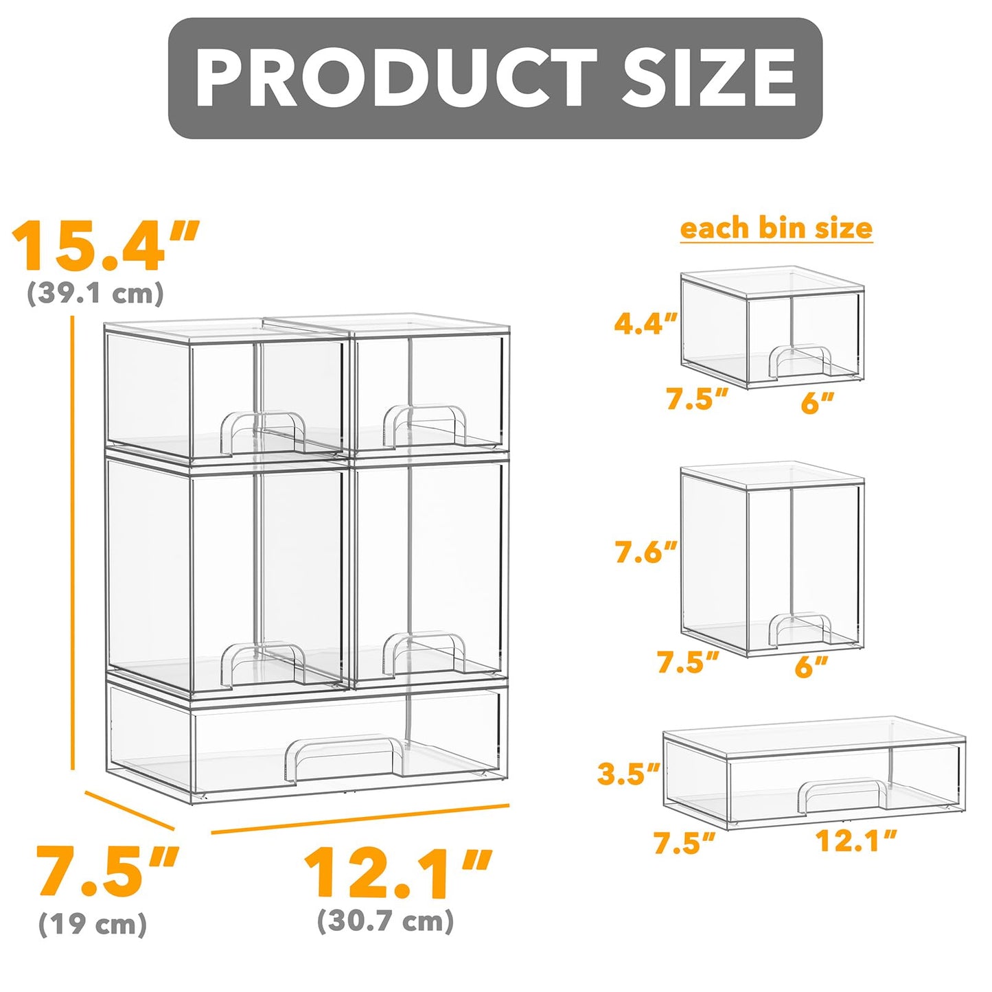 SpaceAid Bottle Storage Organizer Baby - Acrylic Bottles Station Organizer Container, Stackable Clear Drawers for Countertop, Vanity, Bathroom, Cabinet, Pantry Organization, 5 Pack, 2S2M1L, 15.4"H
