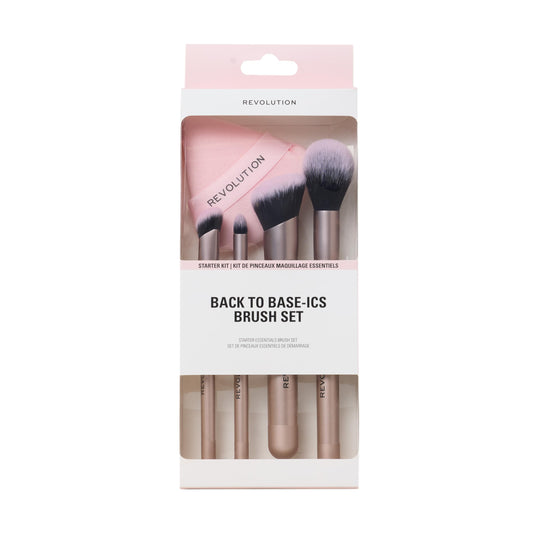 Revolution, Back To Base-ics Starter Essentials Brush Set, 4 Brushes & Sponge Puff for Foundation, Concealer & Blush, Vegan & Cruelty-Free