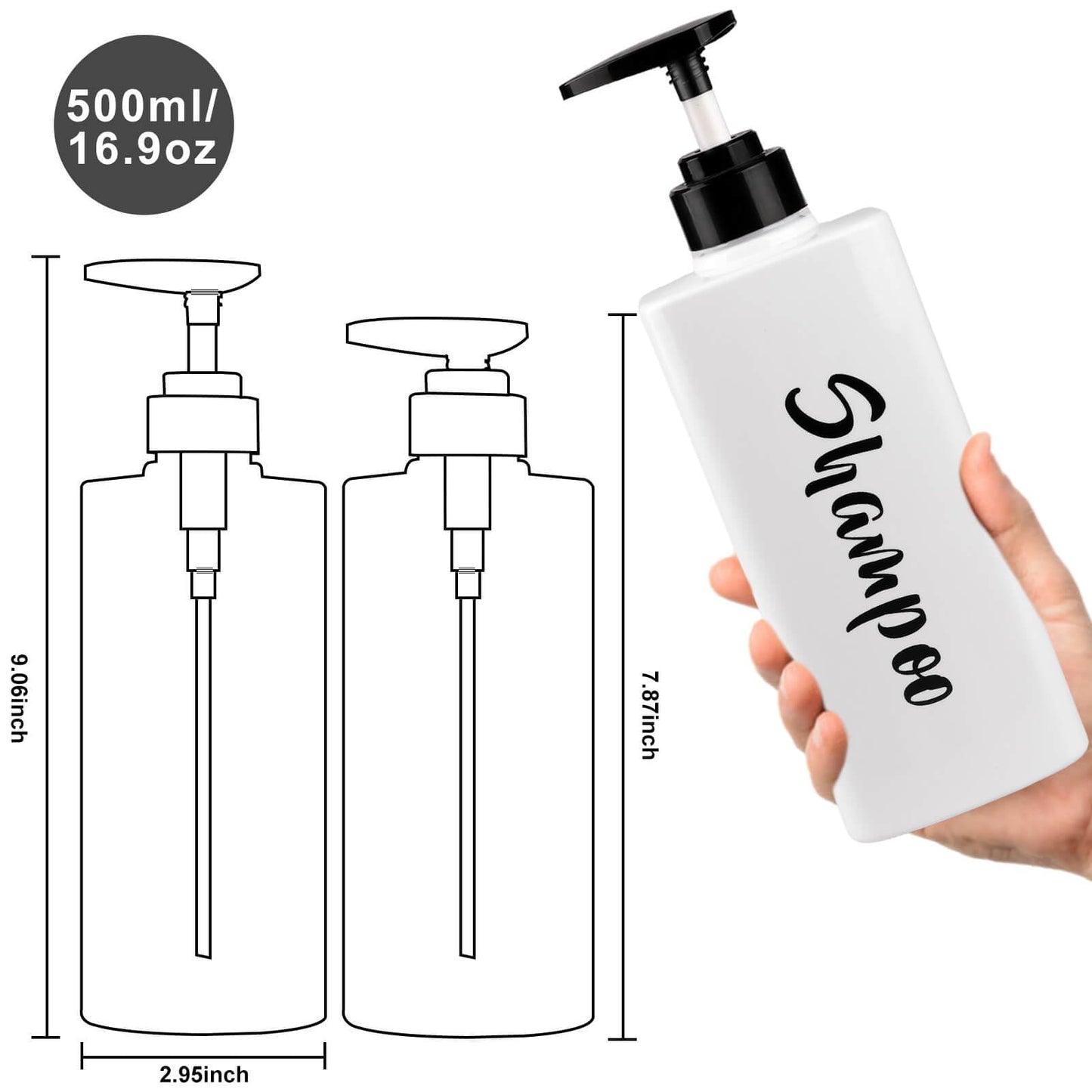 AUMIO 16.9oz Shampoo Conditioner Body Wash Dispenser for Shower, Refillable Printed Soap Bottles with Pump, Empty Plastic Bathroom Dispenser Set for Shampoo, Conditioner & Soap (White, 3 Pack)