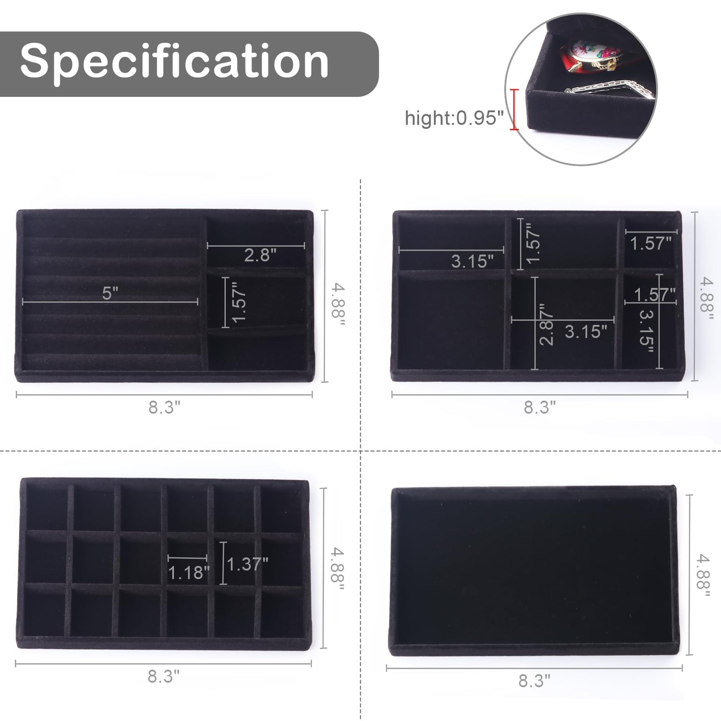 Afnkiom Jewelry Trays,Velvet Stackable Organizer Trays,Drawer Inserts Jewelry Display Case For Rings Stud Necklaces Earring Organizer Tray for Women Girls-8 Pack (Black)