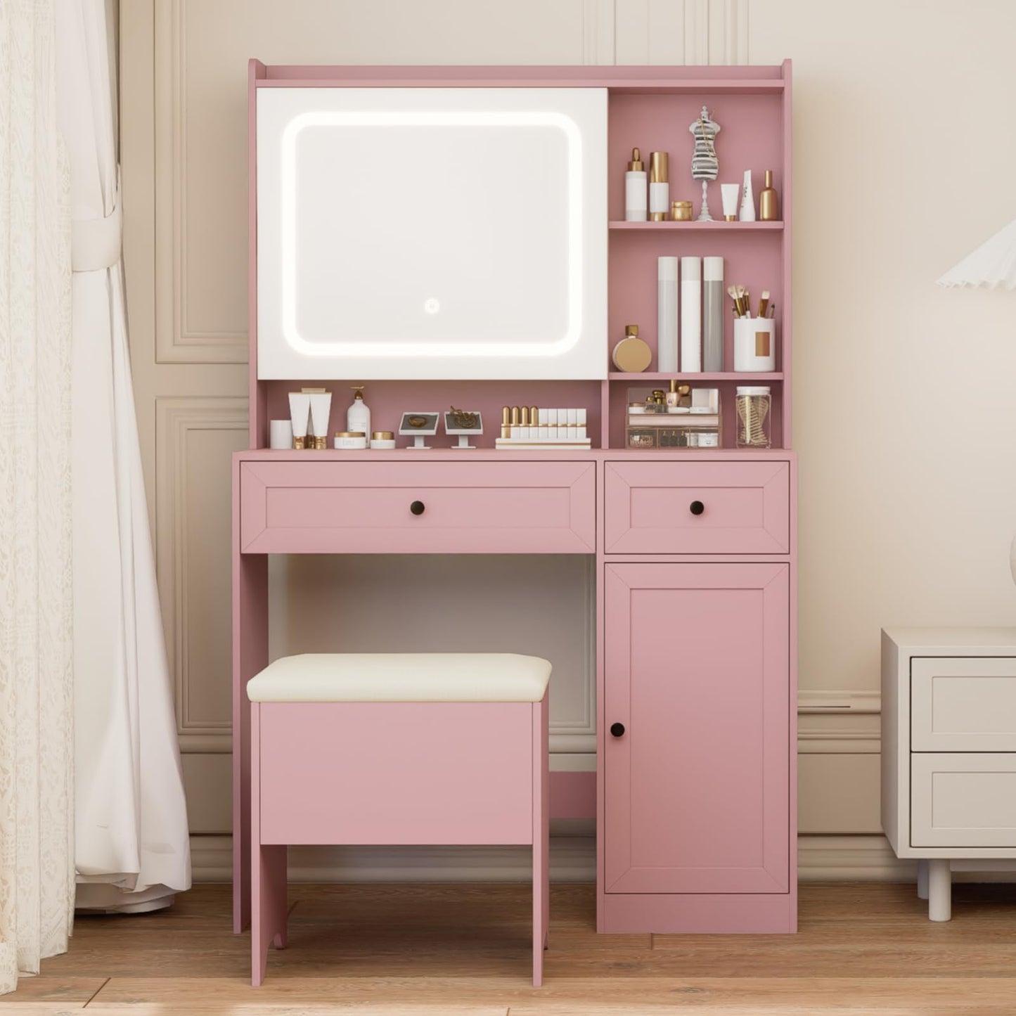 Hogxp Vanity Table with Hidden Storage & LED Mirror - Includes Padded Stool, 5 Compartments, 2 Drawers & 1 Storage Cabinet - Ideal Bedroom Makeup Dressing Table Pink