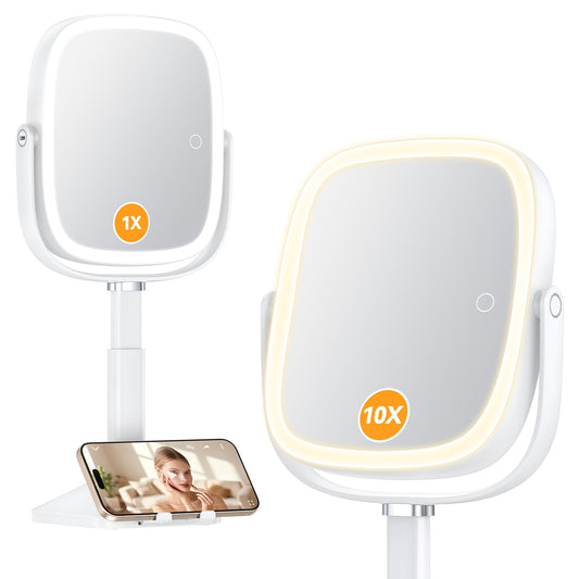 Gospire 1X/10X Lighted Magnifying Mirror with Lights, Height Adjustable Lighted Makeup Mirror with Magnification for Desk, Hidden Phone Stand, 4000mAh 3 Color Modes for Vanity - White