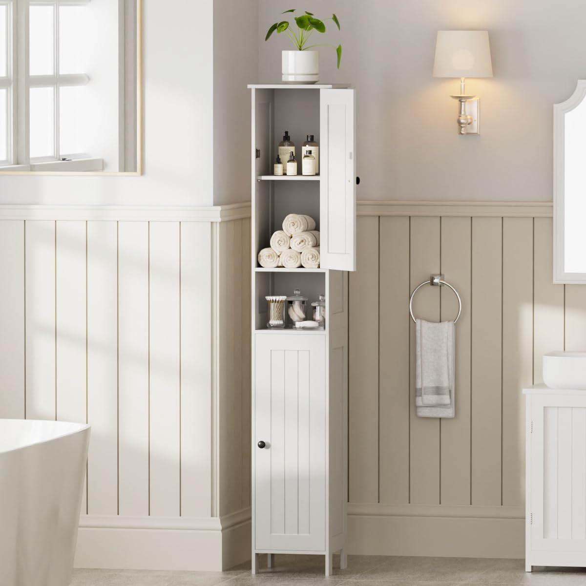 Homleke Tall Bathroom Storage Cabinet with 2 Doors, 67"H Narrow Storage Cabinet with Adjustable Shelves& Anti-Tip Design, Reversible Door Installation, Easy Assembly, 11.8 x 11.8 x 66.9 Inches, White