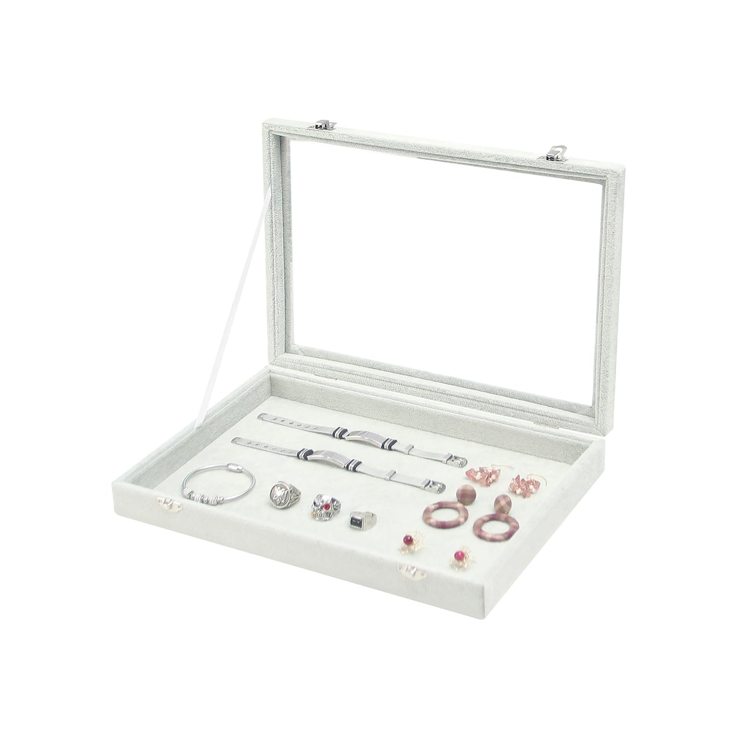 Coward Jewelry Organizer Tray Box, Grey Beige Velvet Blank Display Tray Case with Lid for Storage Necklaces Bracelets Rings Beads and Jewelry Accessories