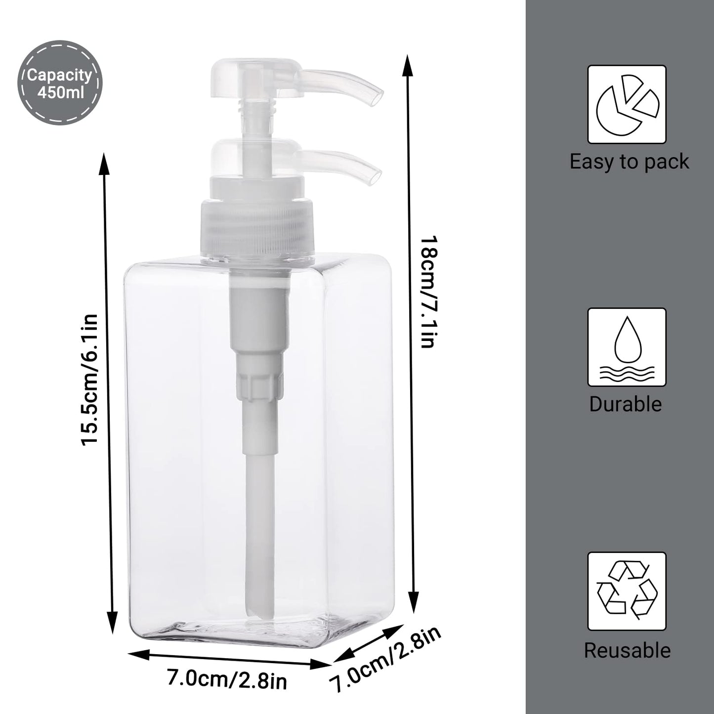 SUREAM Clear Empty Pump Bottles 6 Pack, 15oz/450ml Plastic Refillable Square Containers for Essential Oil Soap Lotion Shampoo Conditioner, Large Hand Pump Dispensers for Bathroom and Kitchen Sink Use