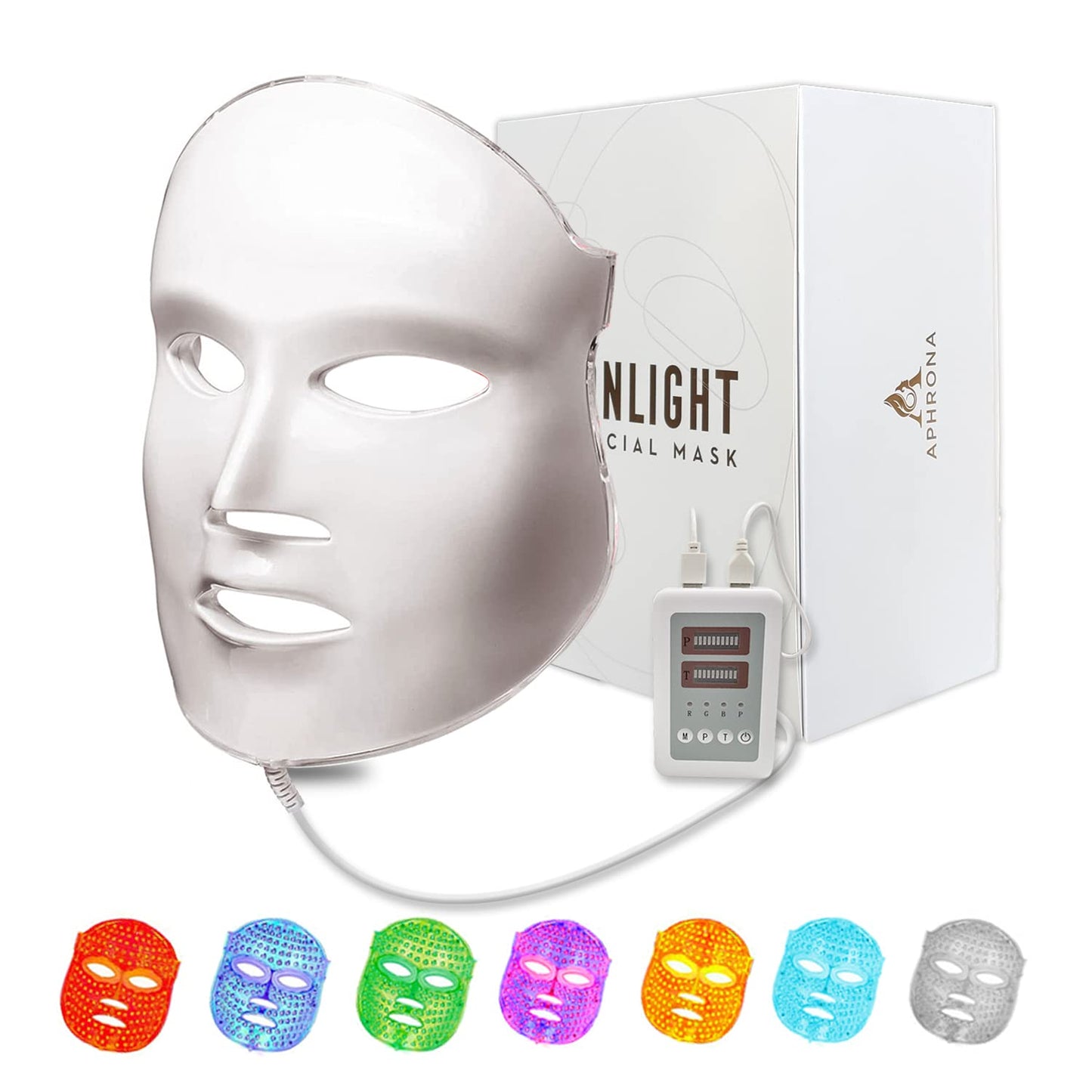 Aphrona FDA cleared LED Facial Mask MOONLIGHT PRO 7 Color Treatment Photon Mask, Red light Blue light for Acne Removal Wrinkle Reduction, led light therapy for face, 450 Powerful LED Chips (White)
