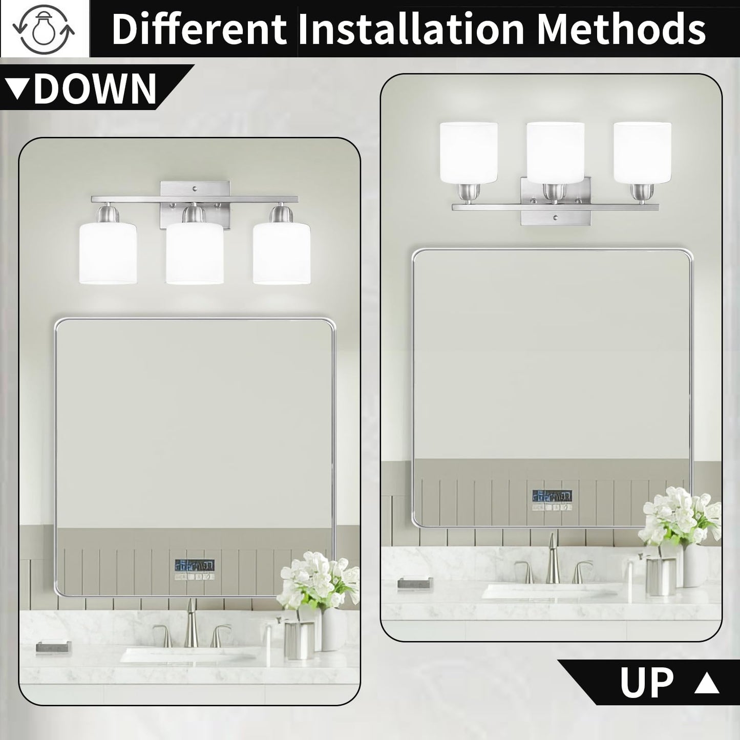 FAISHILAN Brushed Nickel Bathroom Light Fixture, Anti-Rust Finish 3 Light Vanity Lights for Bathroom, Bath Lights with Milky White Frosted Glass Shades, E26 Socket