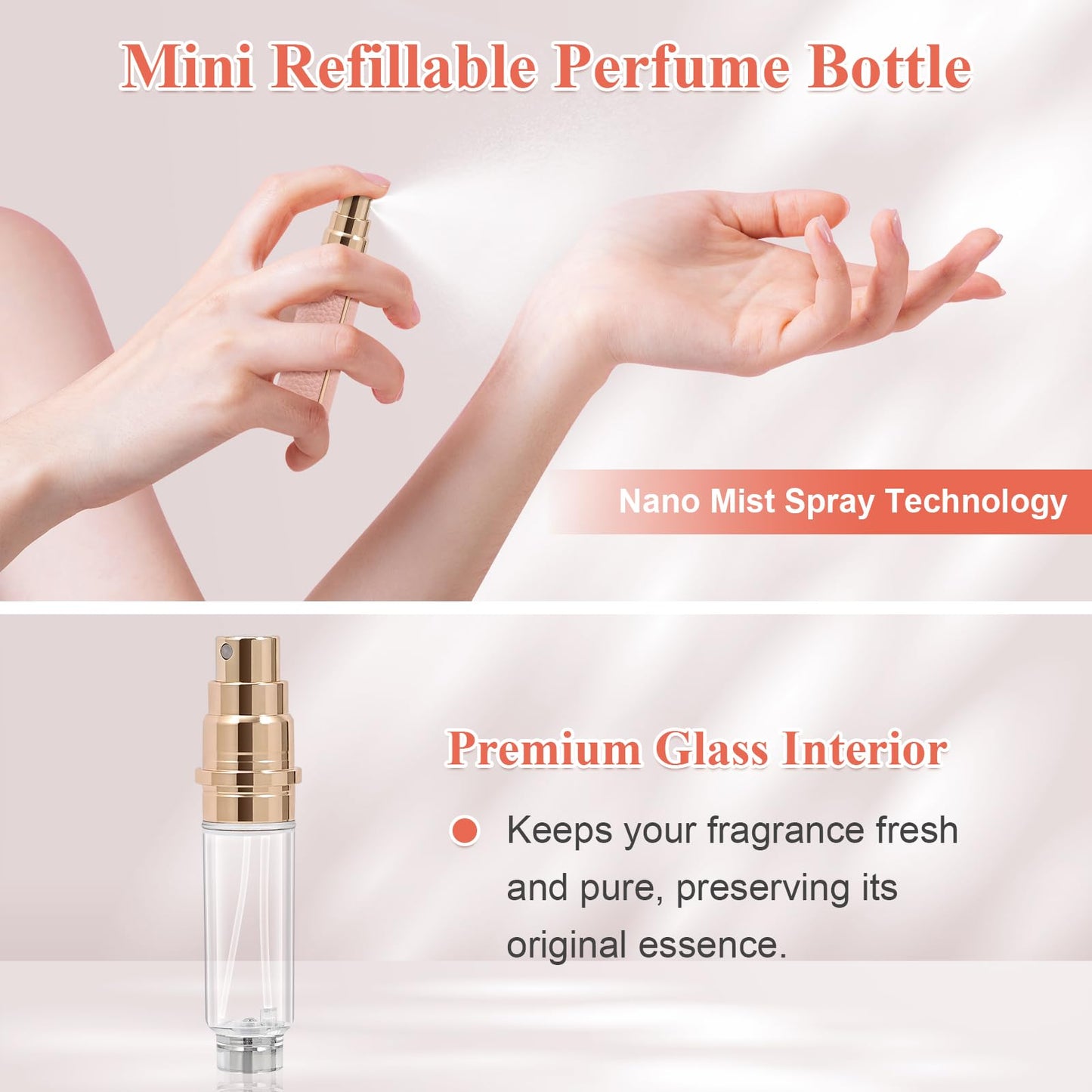 Coxotom Refillable Travel Perfume Bottle – Fine Mist Atomizer, Bottom Fill, Genuine Leather Shell, TSA Approved, For Daily Refresh & Travel (Orange, 5ml)