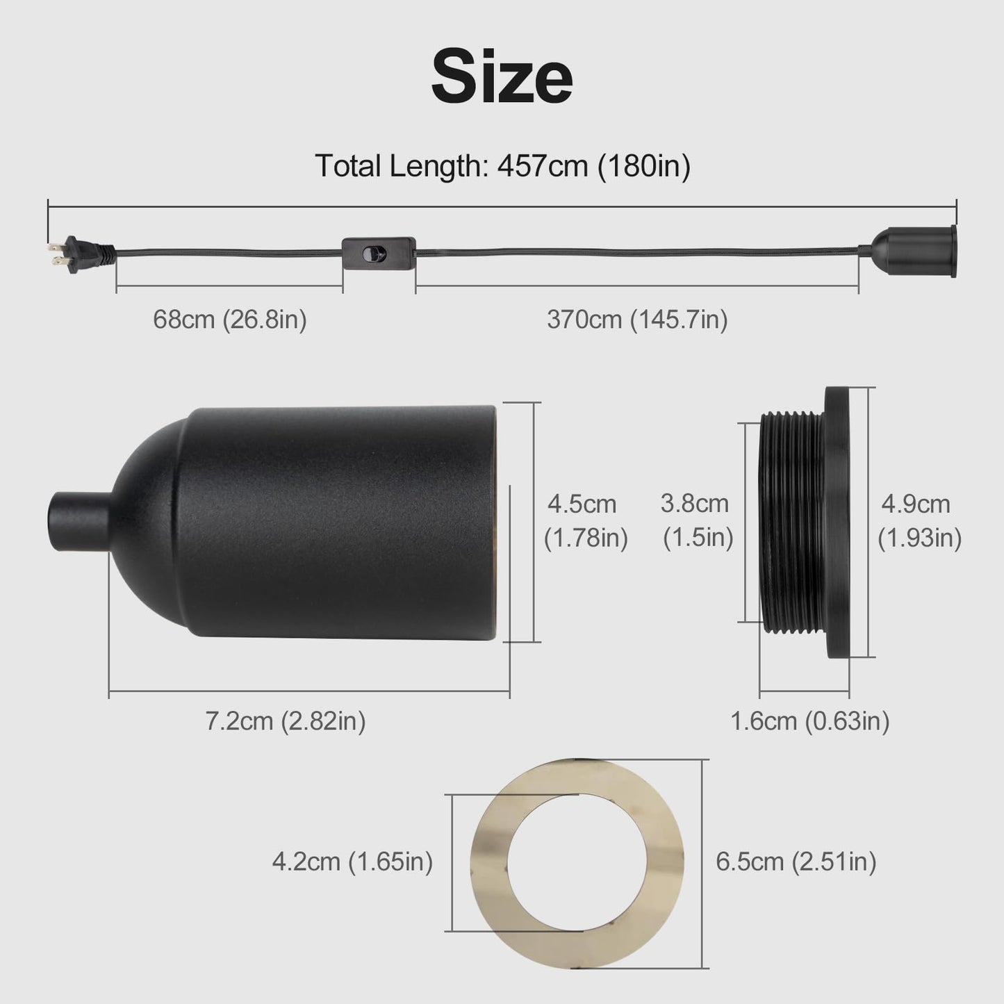 Hovnuyee Plug in Pendant Light Cord with Switch,Braided Hanging Lamp Kit with Ceramic Bulb Socket,DIY Lamp Shade Replacement Cord,Swag Light kit Fixture Fabric Wrapped Cable 15ft Black
