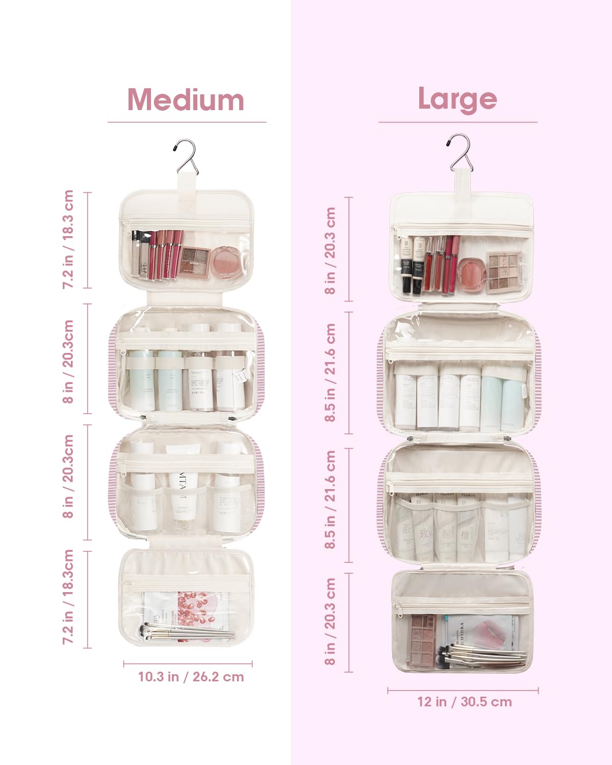 Narwey Striped Travel Toiletry Bag for Women Large Hanging Makeup Bag Organizer Toiletries Bag for Full Size Essentials Accessories Cosmetics (Dusty Pink Stripe (Large))