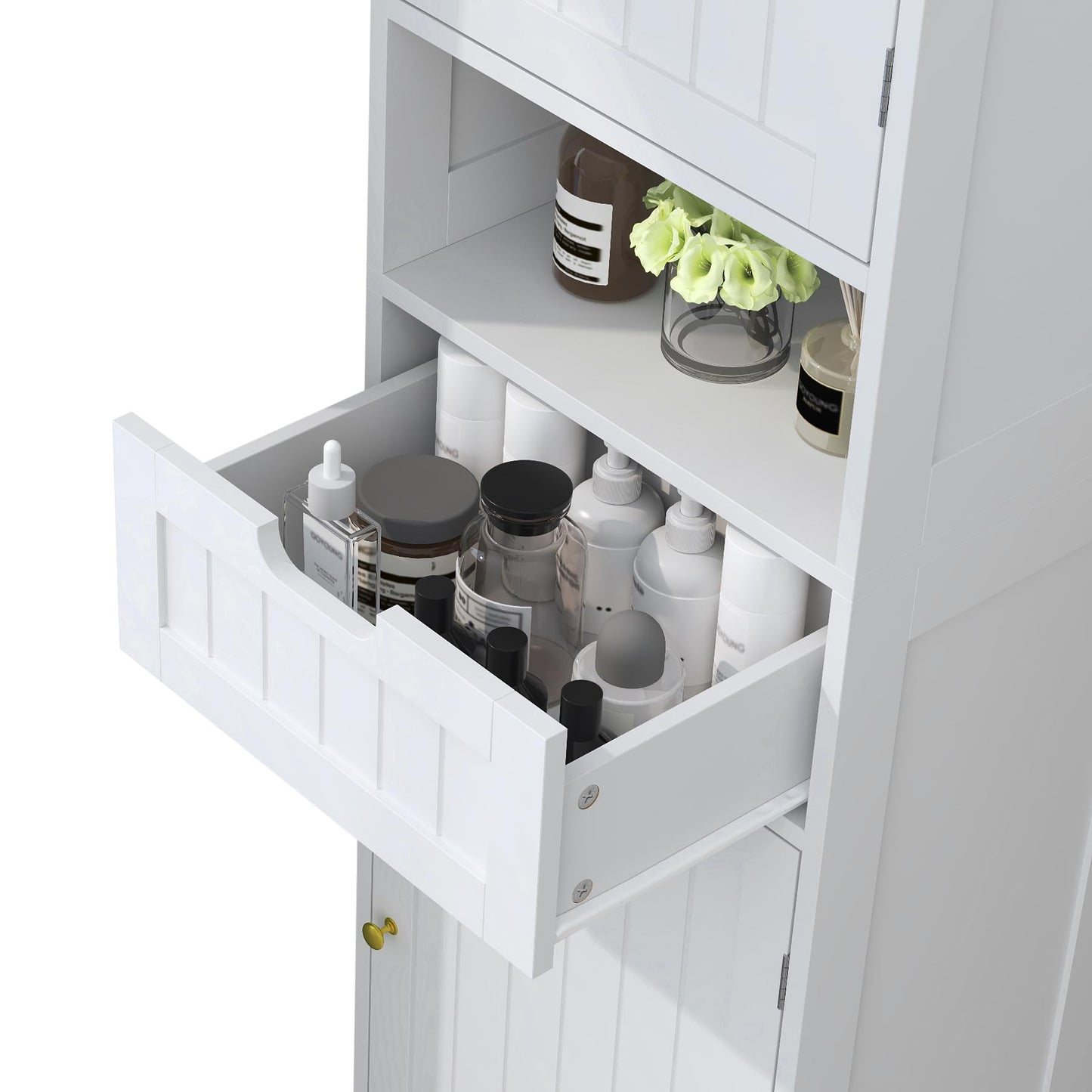 TidyHaven 67" H Tall Bathroom Storage Cabinet, Slim Narrow Organizer with Adjustable Shelves, 2 Doors & 1 Drawer, Freestanding Floor Cabinet for Bathroom, Kitchen, Living Room (White)