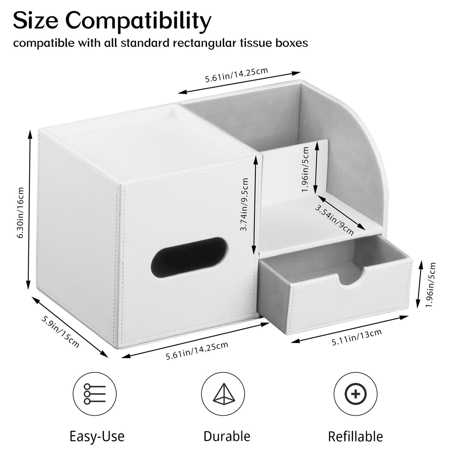 Leather Nightstand Organizer with Tissue Holder,White Square Tissue Box Cover with Organizer, Decorative Modern Facial Paper Storage Box for Bathroom Living Room Vanity Table Countertop Office