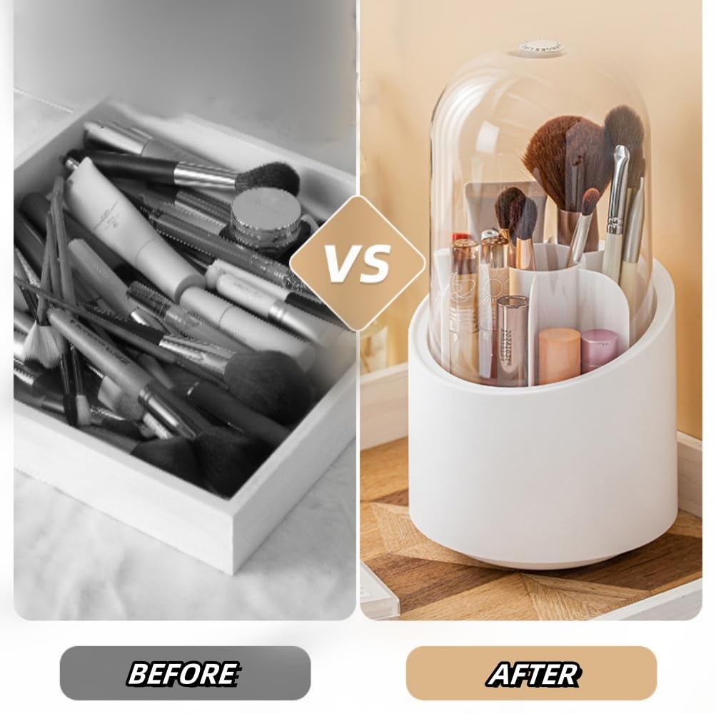 Fantasee 360° Rotating Makeup Brush Organizer, 7-Compartment Storage with Transparent Dustproof Cover, Cosmetic Tools Storage Holder for Bathroom Vanity Countertop (Neutral Beige, Cylindrical)