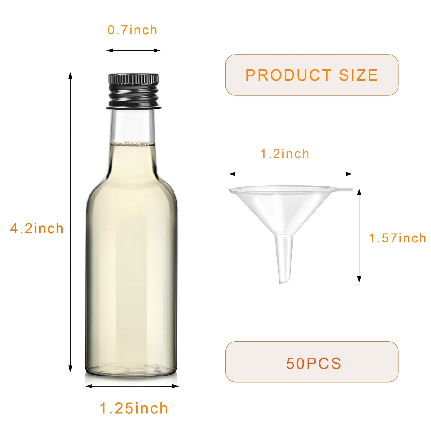 YZXODN 50 Pack 1.7oz Mini Liquor Bottles with Labels, Plastic Alcohol Bottles, Airtight Shot Bottles, Little Spirit Bottle with Funnel, Black Caps, Juice Bottle for Cocktail, Party Favors, Weddings