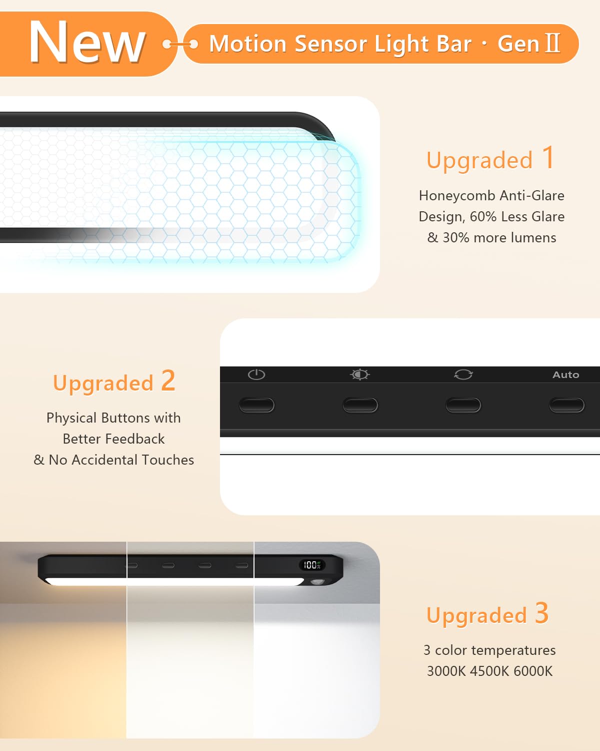 WILLED Under Cabinet & Closet Lights, Motion Sensor, Rechargeable, Magnetic, 3 Color Temps, Dimmable LED Light Bar for Indoor Kitchen Counter (2 Pack, Black)
