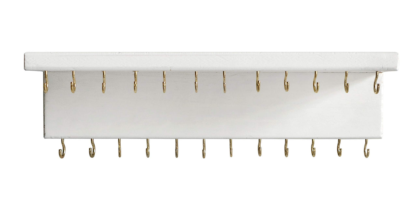 SANY DAYO HOME Jewelry Organizer with 24 Hooks and Cosmetics Shelf, 12 x 3 x 4 inches Wall Mounted Rustic Pine Wood Holder for Necklaces and Bracelets, Suitable for Kids and Adults (Retro White)