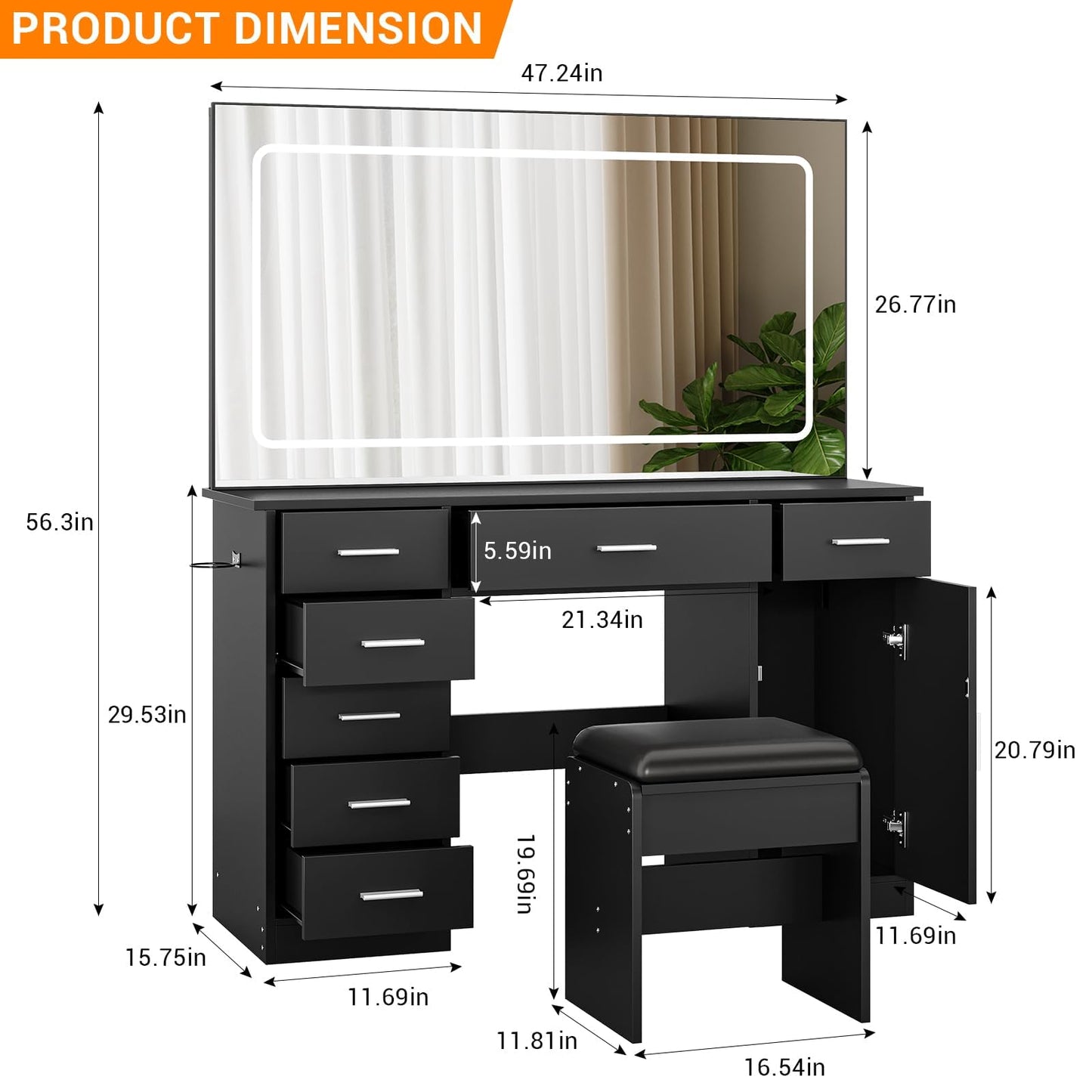 IDEALHOUSE Modern Vanity Desk with Large LED Mirror – 7 Drawers, Charging Station, Hair Dryer Holder, Adjustable Lighting – Makeup Dressing Table for Bedroom – Black