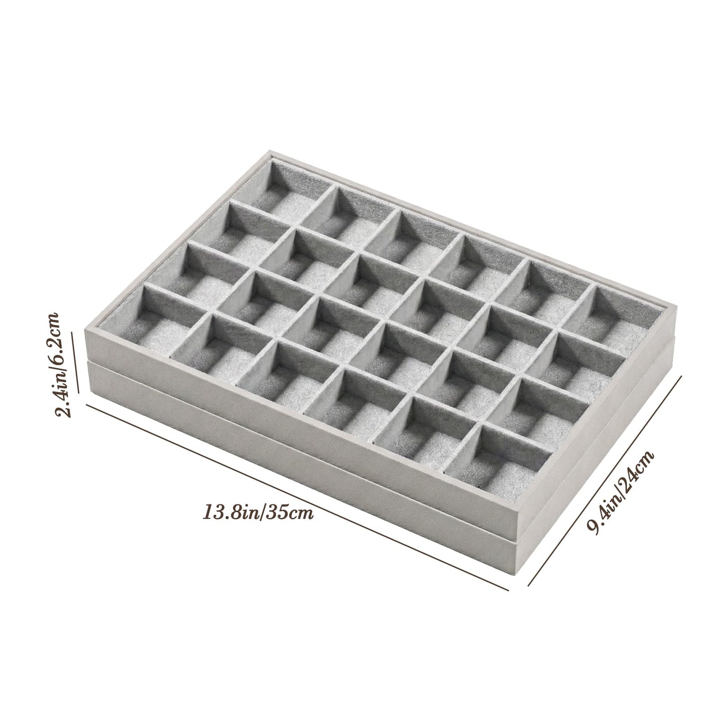 Gghenda 2-Piece Gray leather Stackable Jewelry Organizer Tray Set, Bracelet Ring Earring Holder Box, Necklace Display Stand for Storage and Retail Display (24 Grids)