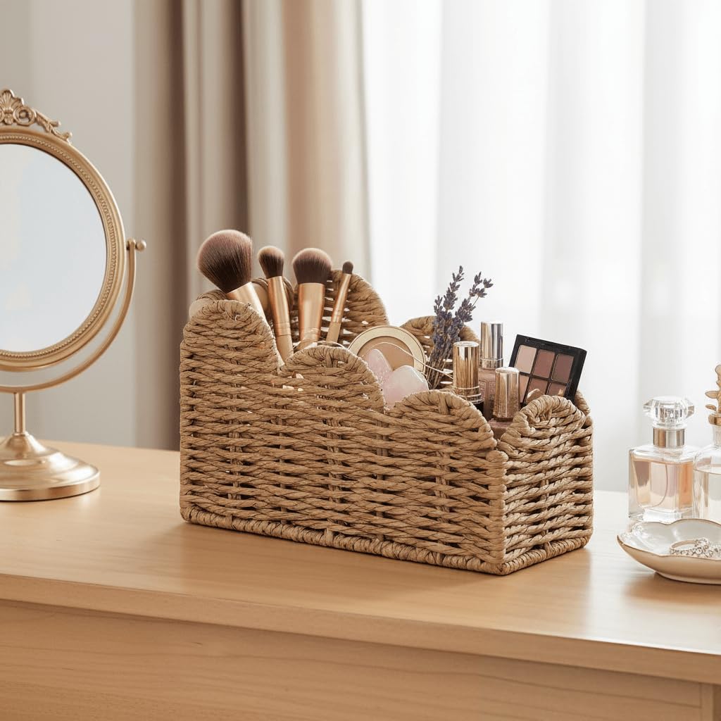 CubesLand Bedside Table Desk Organizer Caddy, Remote Pen&Pencil Holder Cup, Makeup Brush Holder w/Scalloped Perfect for Home, Office Desk, Living Room Table Decor, 3 Slots Neutral
