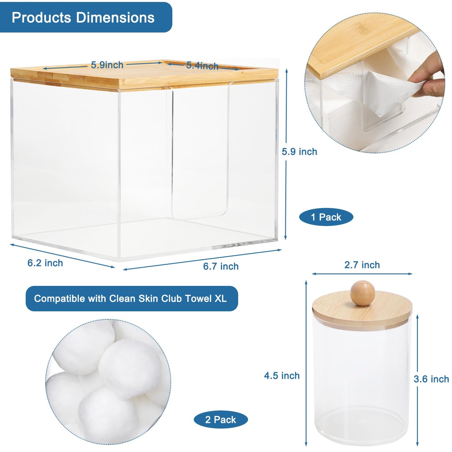Anlanbor Disposable Face Towels Holder with 2 Qtip Holder Dispenser, Acrylic Facial Towel Container for Clean Face Towel XL, Clear Storage Box with Bamboo Lid for Bathroom, Vanity Counter Organizer