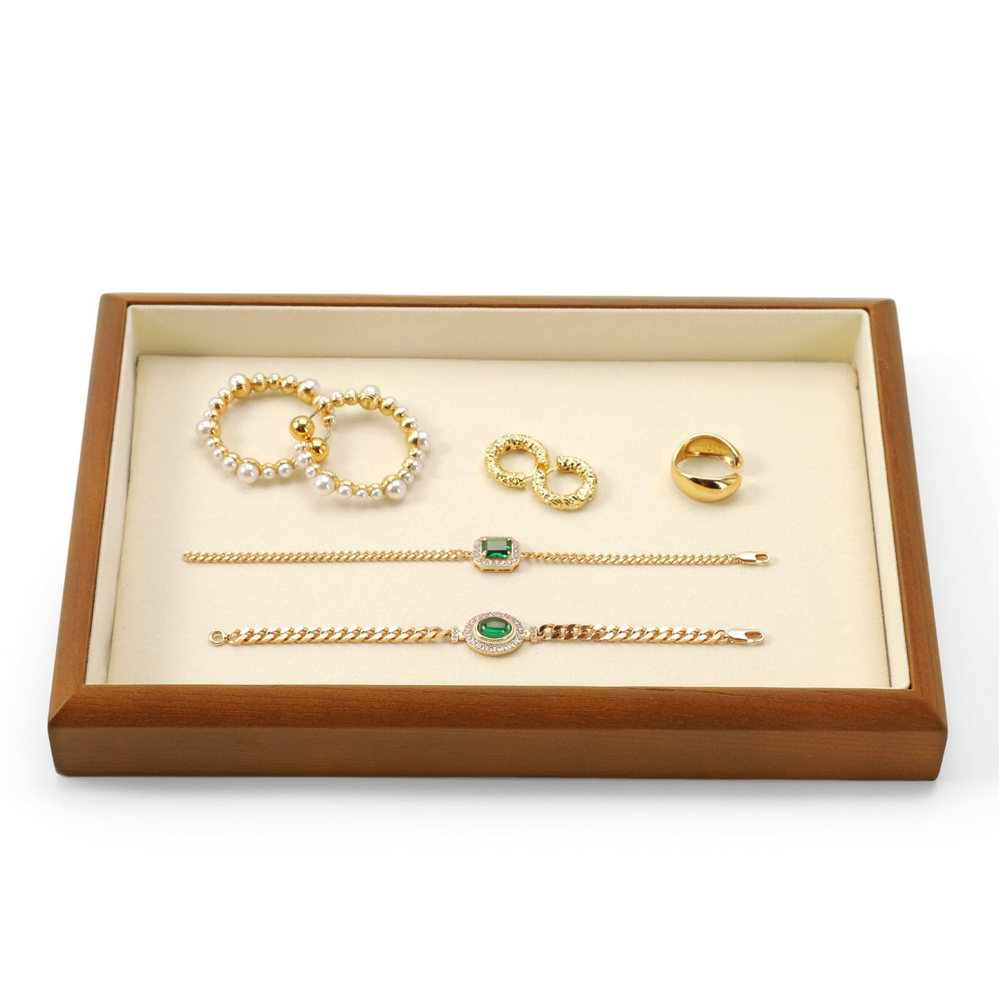 Woodten Solid Wood Flat Jewelry Tray Stackable Jewelry Drawer Organizer Showcase Display Organizer Tray(Beige)